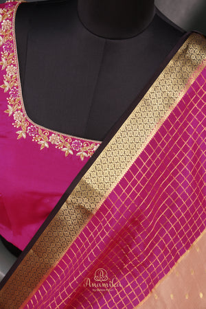 A beautiful mysore crepre silk saree in soft peach and rani pink combination