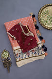 A peach Bandini saree with kalamkari print on Modal silk