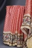 A peach Bandini saree with kalamkari print on Modal silk