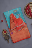 Aqua Blue Gadwal saree with Meenakari floral border in orange