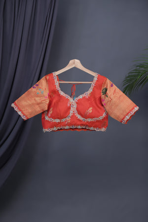 Aqua Blue Gadwal saree with Meenakari floral border in orange