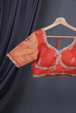 Aqua Blue Gadwal saree with Meenakari floral border in orange