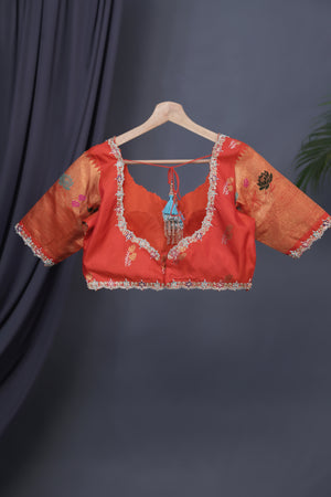 Aqua Blue Gadwal saree with Meenakari floral border in orange