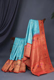 Aqua Blue Gadwal saree with Meenakari floral border in orange