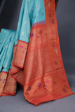 Aqua Blue Gadwal saree with Meenakari floral border in orange