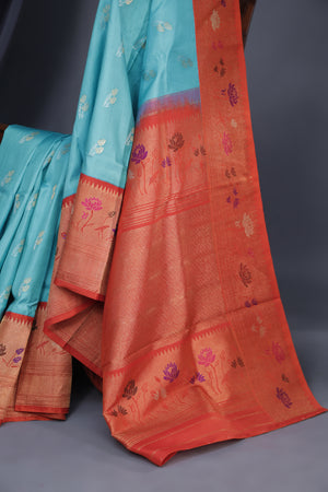 Aqua Blue Gadwal saree with Meenakari floral border in orange