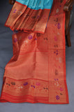 Aqua Blue Gadwal saree with Meenakari floral border in orange