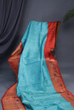 Aqua Blue Gadwal saree with Meenakari floral border in orange