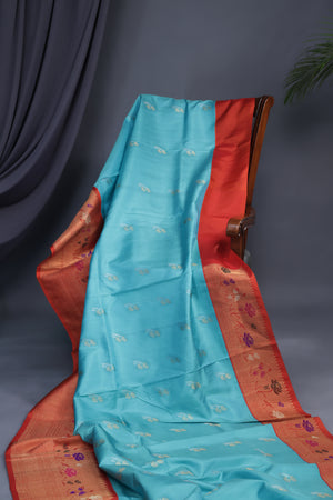 Aqua Blue Gadwal saree with Meenakari floral border in orange