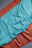 Aqua Blue Gadwal saree with Meenakari floral border in orange