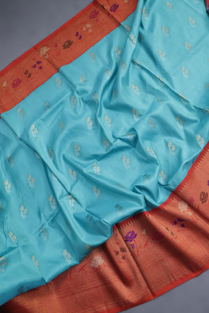 Aqua Blue Gadwal saree with Meenakari floral border in orange