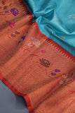Aqua Blue Gadwal saree with Meenakari floral border in orange