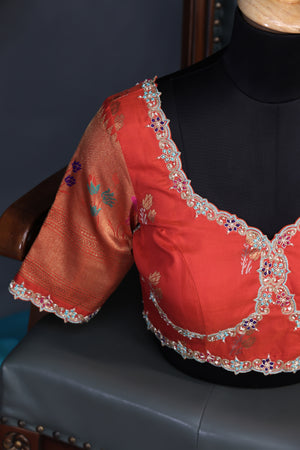 Aqua Blue Gadwal saree with Meenakari floral border in orange