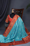 Aqua Blue Gadwal saree with Meenakari floral border in orange