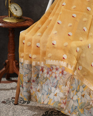 Yellow Organza Saree with Floral Printed Border