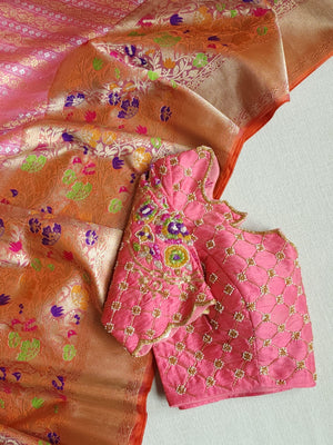 Peach Pink Banarasi saree with beautiful floral meena border