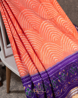 Peach & Purple Twill Silk Saree with patola and kanchi border