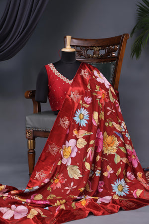 Soft silk floral saree in crimson red