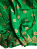 Banarasi Dupion saree in dark green with gold Zari border and motifs