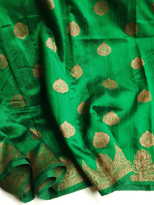 Banarasi Dupion saree in dark green with gold Zari border and motifs