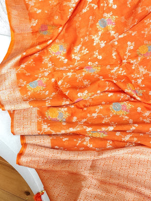 Deep Orange Munga silk saree with contrast off white puff sleeves blouse