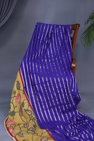 Royal Blue chanderi silk saree with hand painted kalamkari border