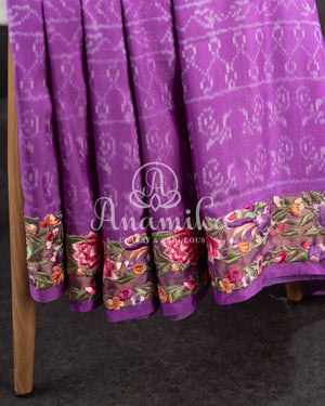 Lilac Ikkat Silk Saree with embroidered border