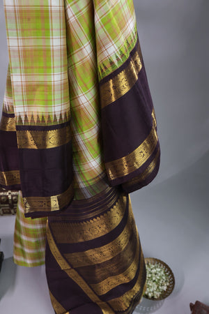 Designer Kanjeevaram with checkered body and contrast brown border