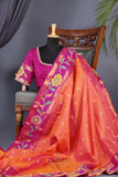Pure Kanjeevaram saree with kalamkari appliq work border