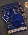 Mid Night Blue Goergette Organza saree with zari lines all over