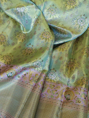 Stunning meenakari kanjeevaram in pastel green and lavender hues