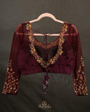 Brown blouse with 3/4th net sleeves and embroidery