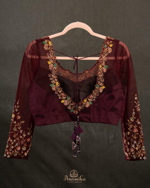 Brown blouse with 3/4th net sleeves and embroidery