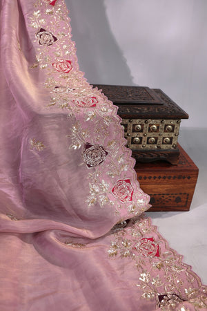 Elegant Satin Organza saree in lilac with intricate embroidery