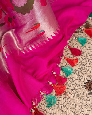 Dark Pink Tusser georgette saree with all over paithani weave