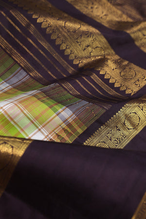 Designer Kanjeevaram with checkered body and contrast brown border