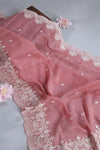 Elegant Crush Tissue saree in peach pink with a stunning mirror work blouse