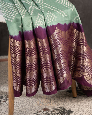 Sage Green Kanchi Bandini saree with a stunning purple border