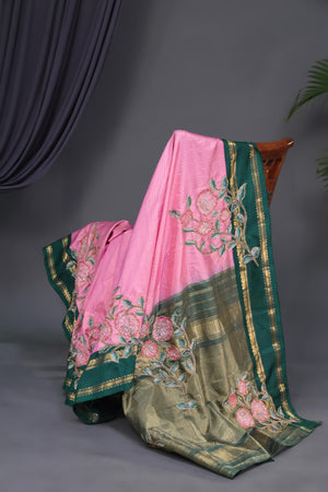 Timeless Gadwal saree with floral appliqué work