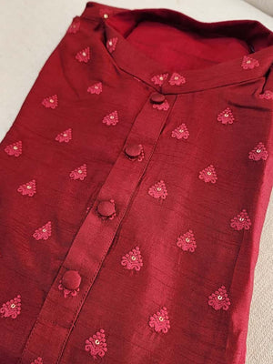 Maroon chanderi silk kurta with small thread work buttas