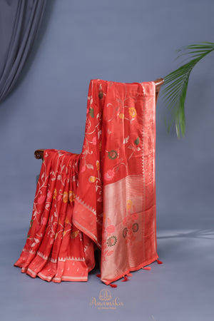A beautiful floral Tusser Georgette - Orange Peach
