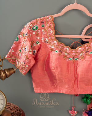 Peach Gadwal saree with peacock motifs