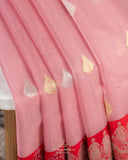 Pink Banarasi kora with a beautiful contrast red meenakari floral border