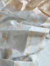 Flowy Malai silk saree in grey paired with a red Patola blouse