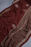 Deep wine modal silk ajrak saree with hand work border