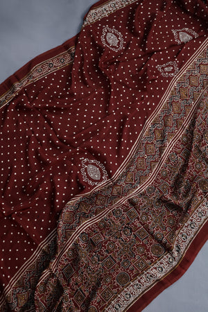 Deep wine modal silk ajrak saree with hand work border