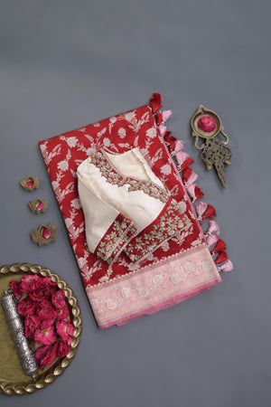 Rich Red and Blush Banarasi Silk Saree