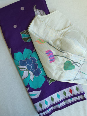 Tusser georgette saree in purple with all over floral weave and paired with pure paithani blouse