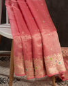 Blush peach Banarasi kora silk saree with pearl work blouse