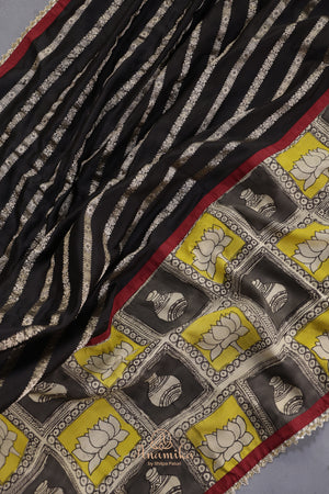 Black Chanderi Silk Saree with hand painted kalamkari border